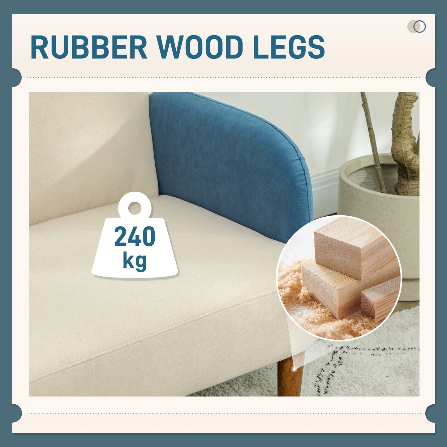 HOMCOM Modern 2 Seater Sofa w/ Rubber Wood Legs 130 x 74 x 76cm