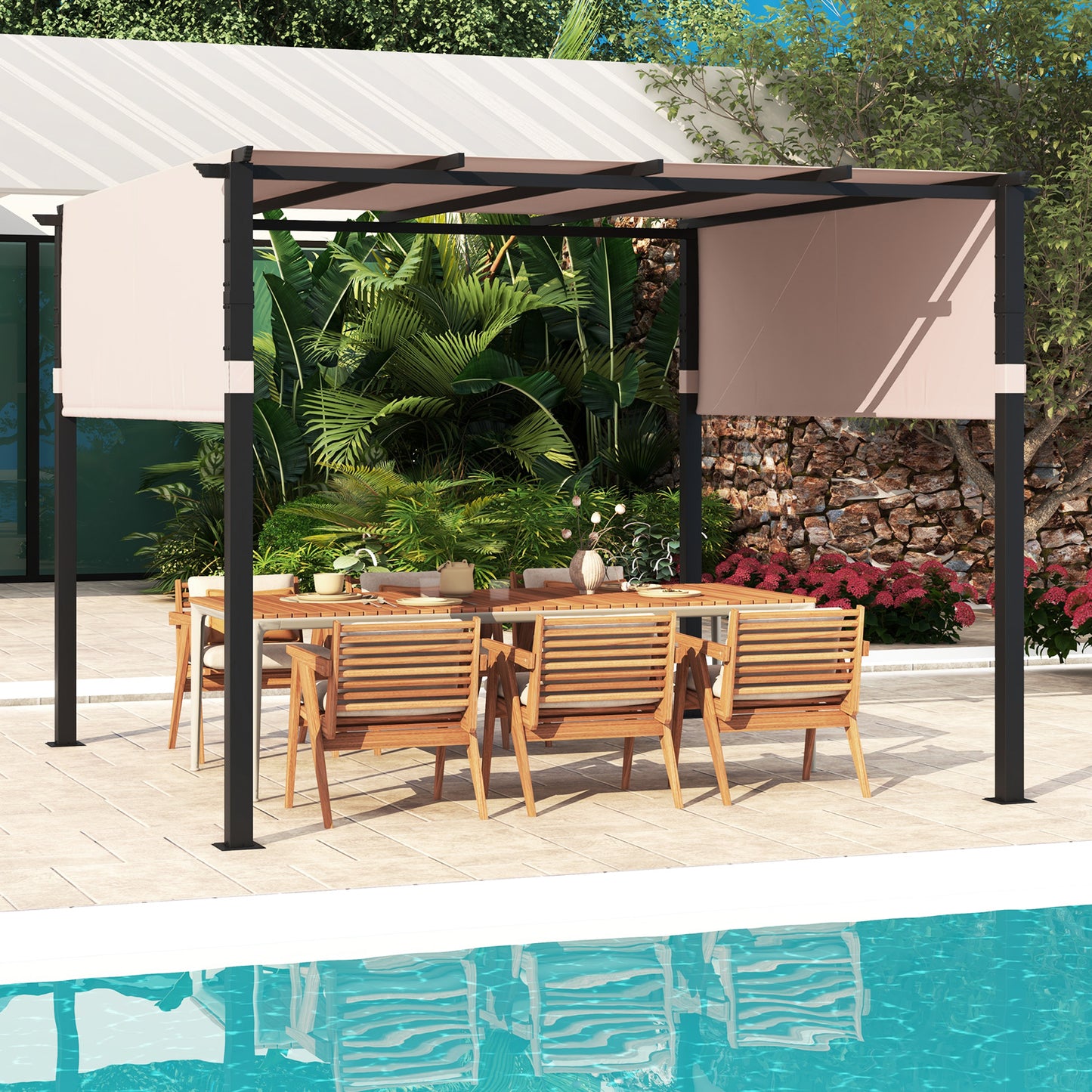 305 x 305 cm Flat Top Pergola with Retractable Canopy and Heavy-duty Metal Frame-Grey