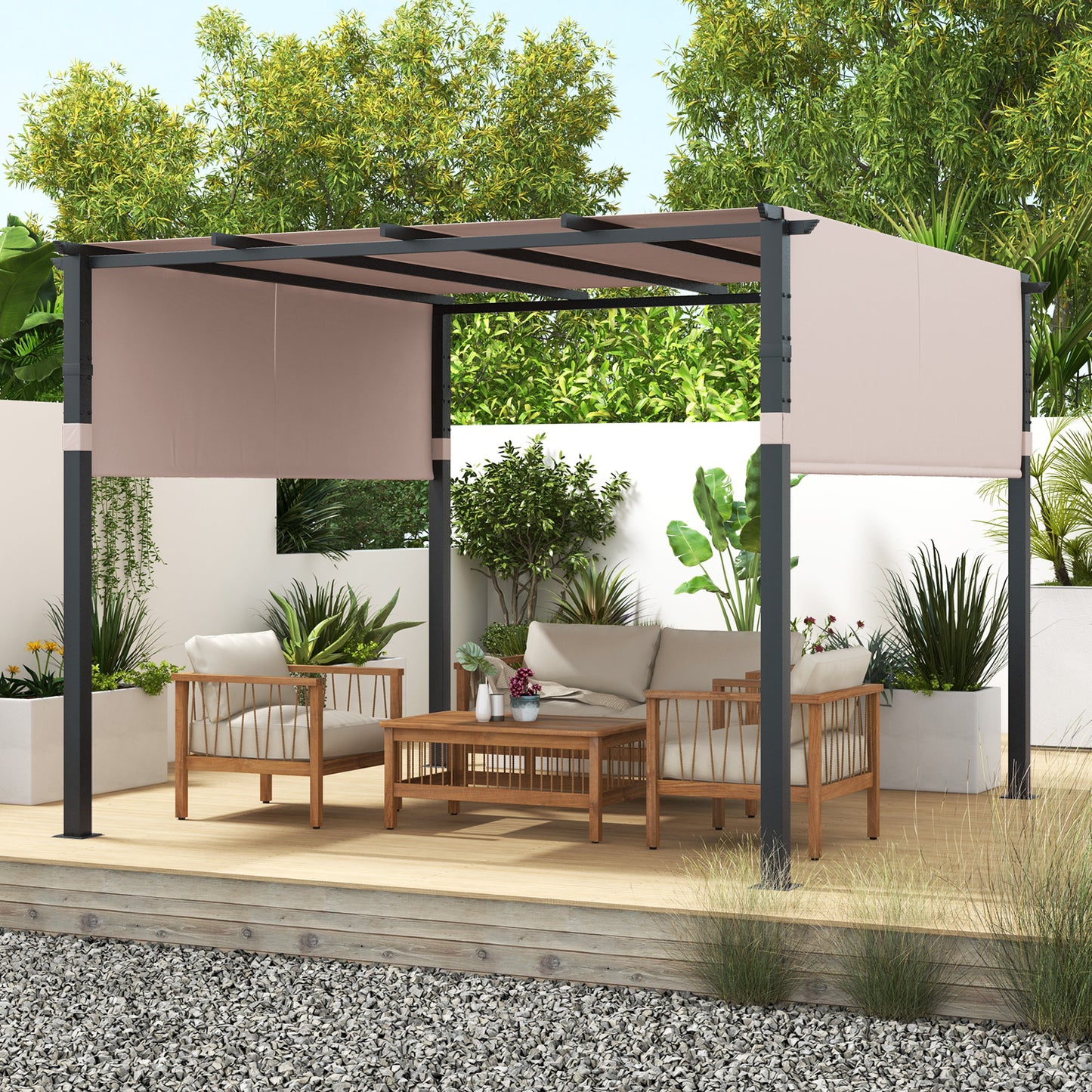 305 x 305 cm Flat Top Pergola with Retractable Canopy and Heavy-duty Metal Frame-Grey