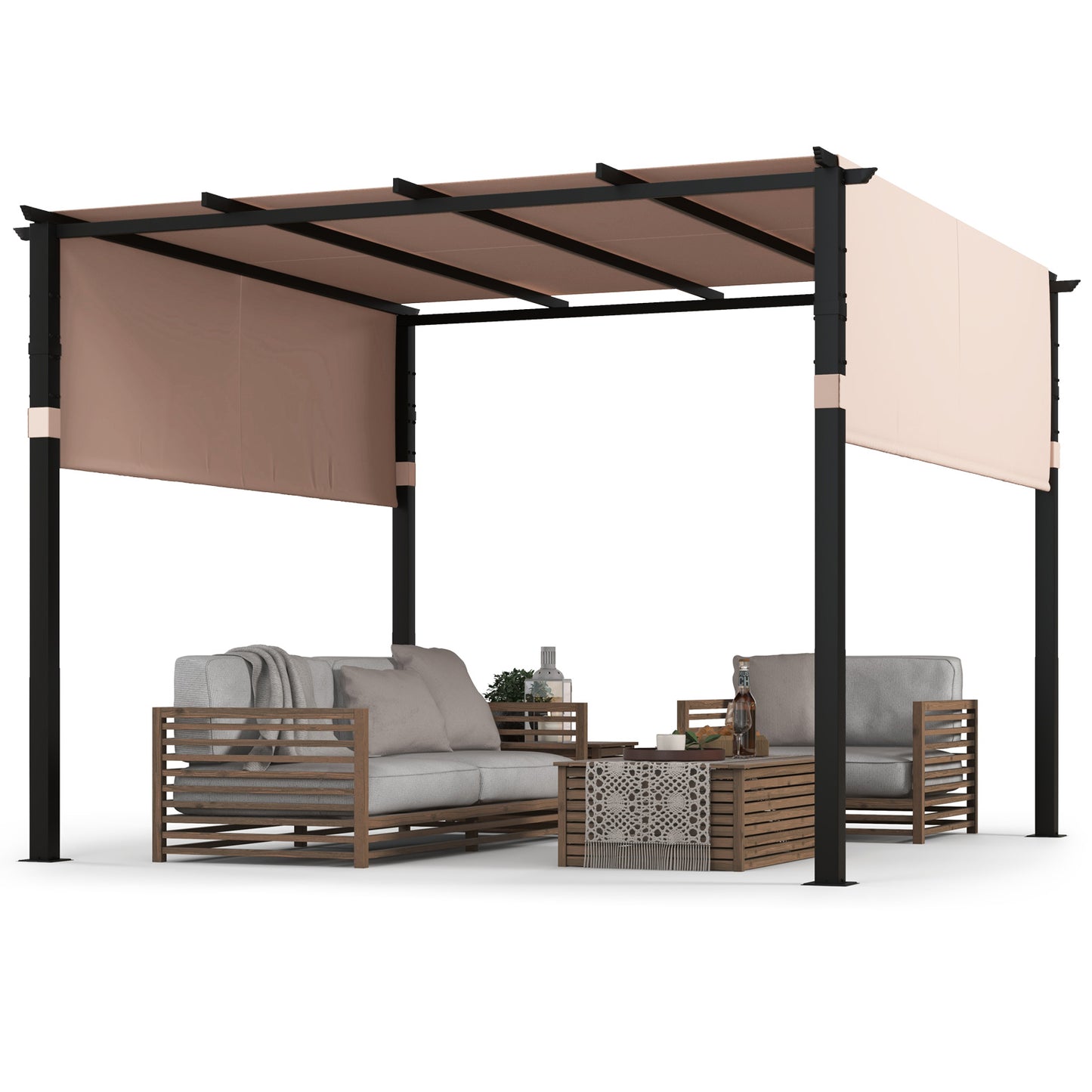 305 x 305 cm Flat Top Pergola with Retractable Canopy and Heavy-duty Metal Frame-Grey