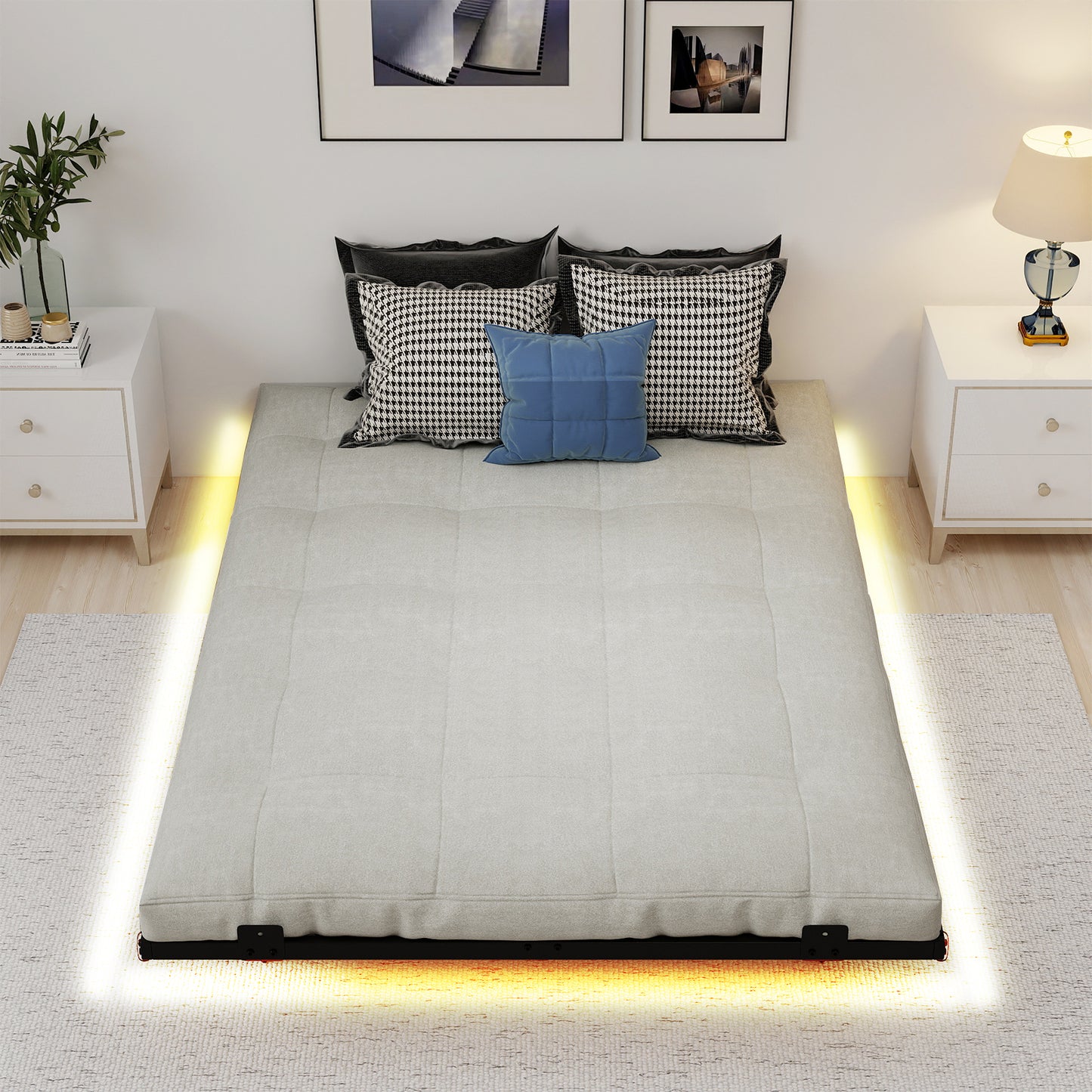 Double/King Size Floating Bed Frame Modern Metal Platform Bed with LED Lights-king size