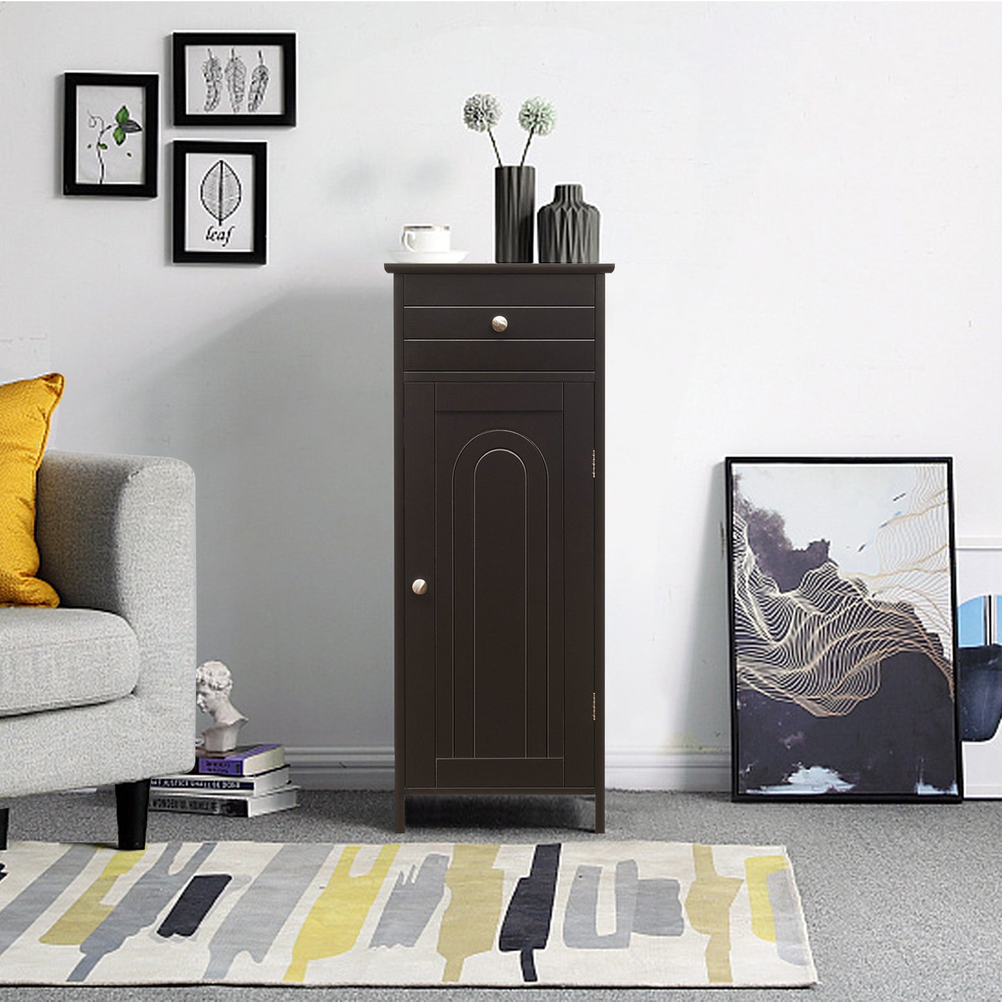 1-Door Freestanding Bathroom Storage Cabinet with Drawer and Adjustable Shelves-Black