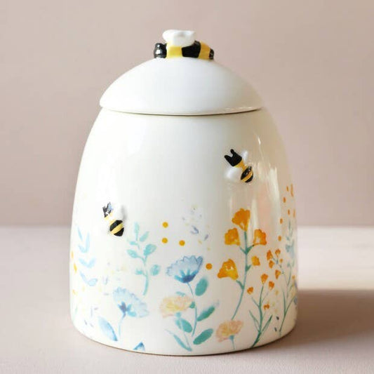 Floral Storage Pot blue/dusky pink florals, highlighted by a peppering of yellow
