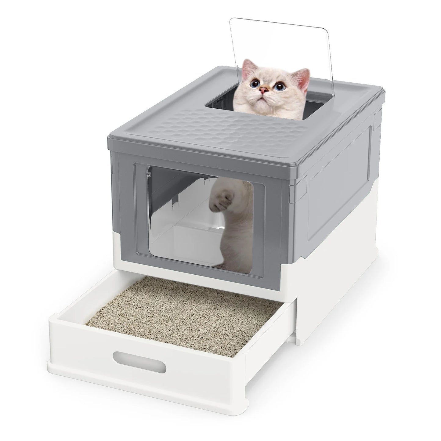 Foldable Cat Litter Box with Lid Large Fully Enclosed Cat Toilet with Front Entry and Flip Top Exit-Grey
