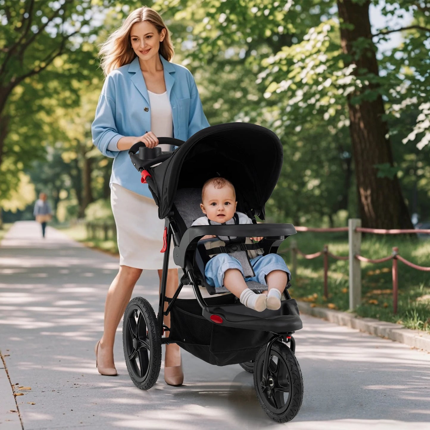 Foldable Jogging Stroller with Adjustable Canopy Reclining Seat-Black
