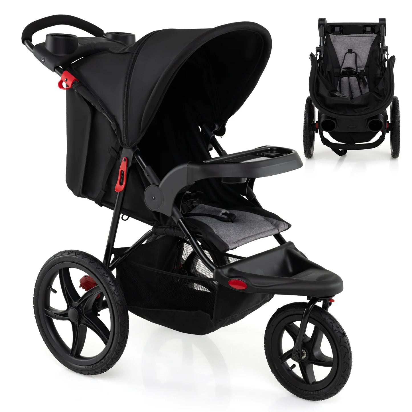 Foldable Jogging Stroller with Adjustable Canopy Reclining Seat-Black