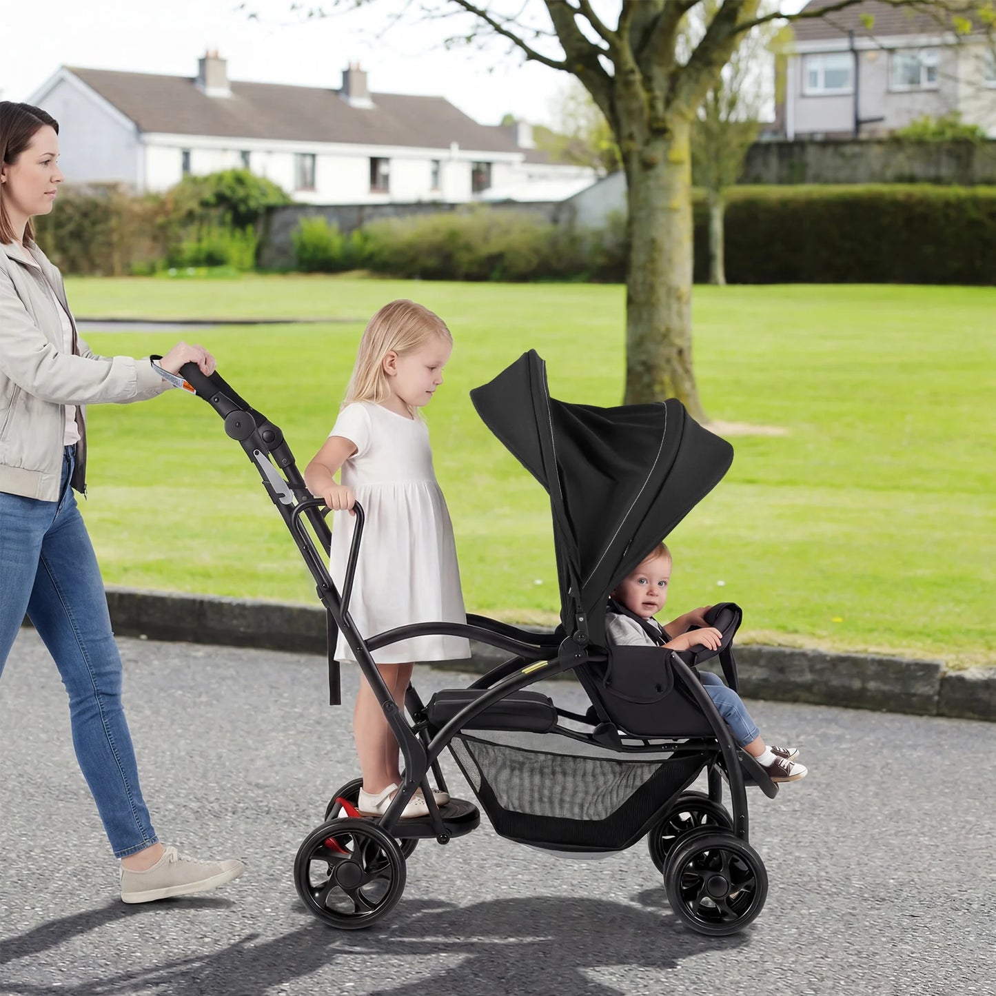 Foldable Twin Tandem Stroller Sit and Stand Double Stroller with Adjustable Handle Bar-Black