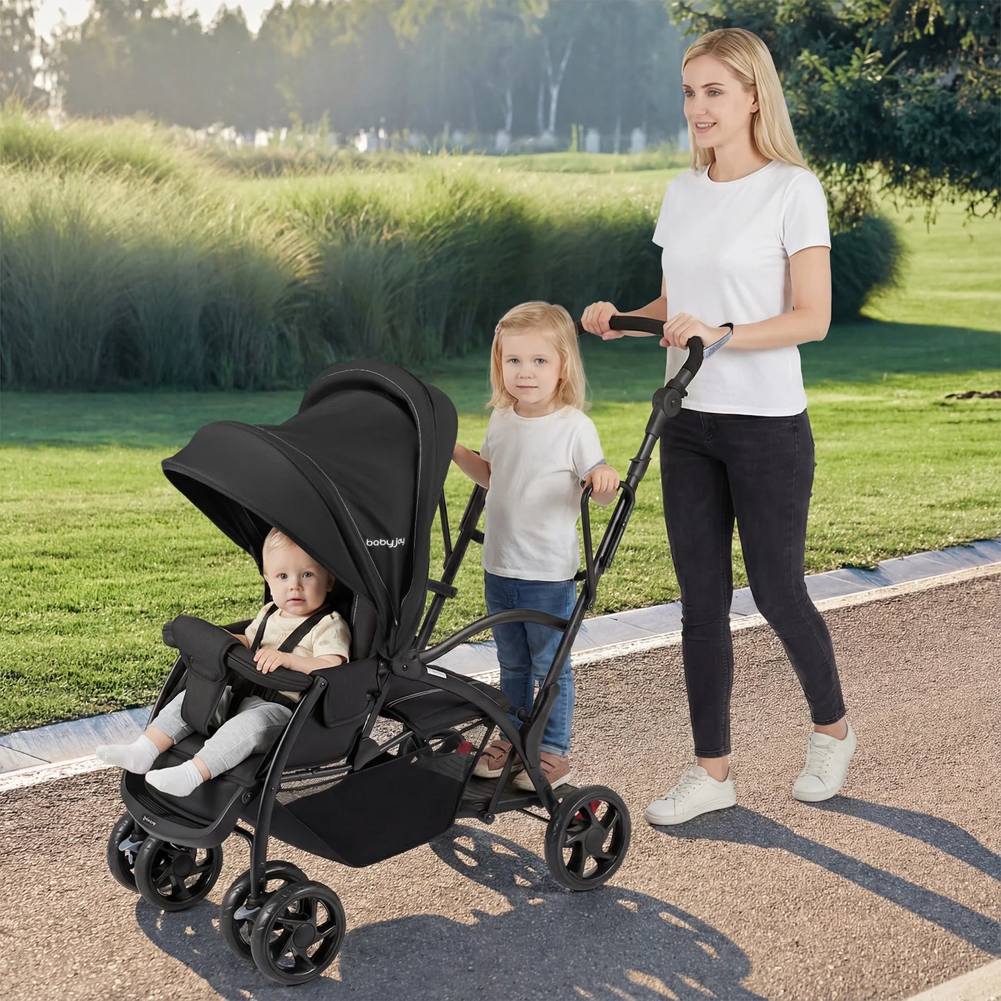 Foldable Twin Tandem Stroller Sit and Stand Double Stroller with Adjustable Handle Bar-Black