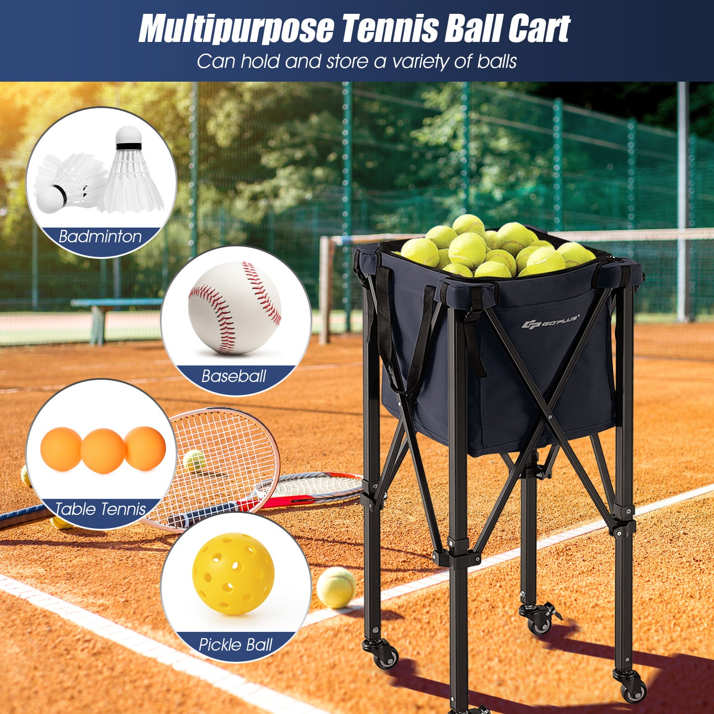 Foldable Aluminum Tennis Ball Cart Hopper Basket with Wheels-Blue