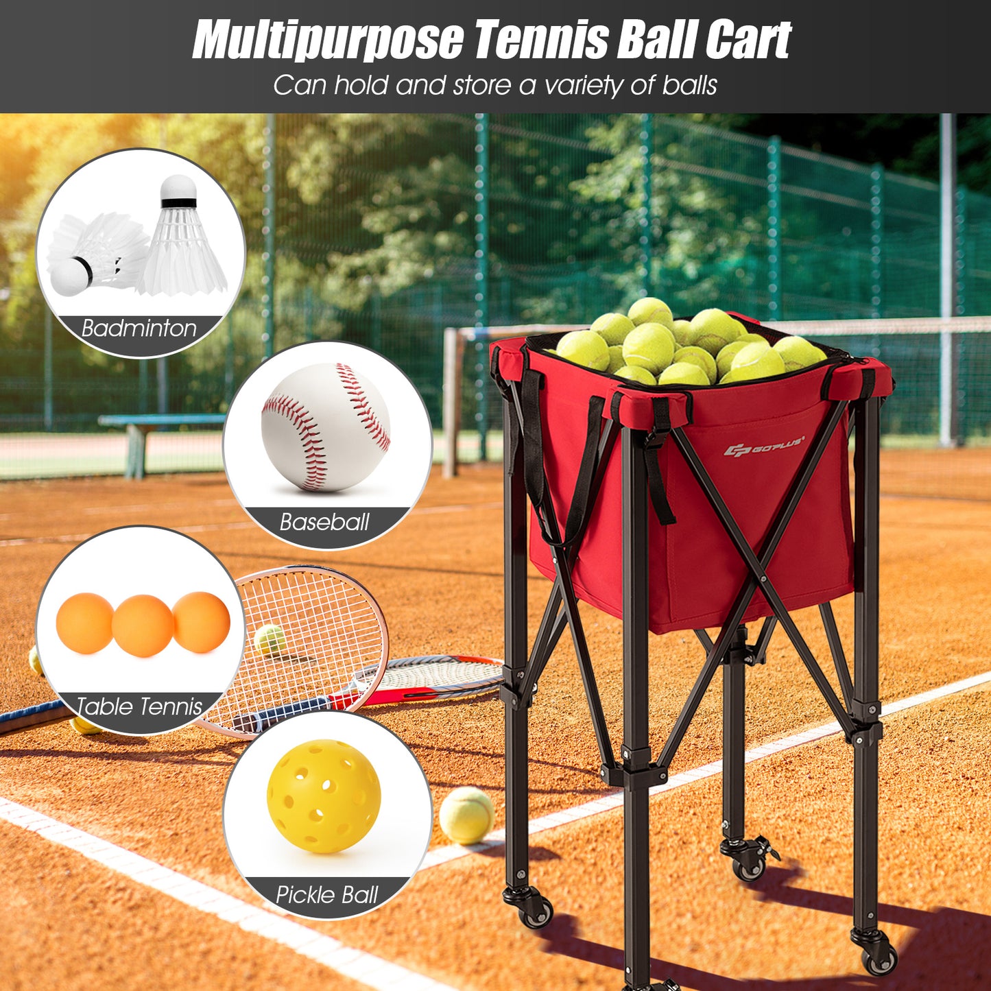 Foldable Aluminum Tennis Ball Cart Hopper Basket with Wheels-Blue