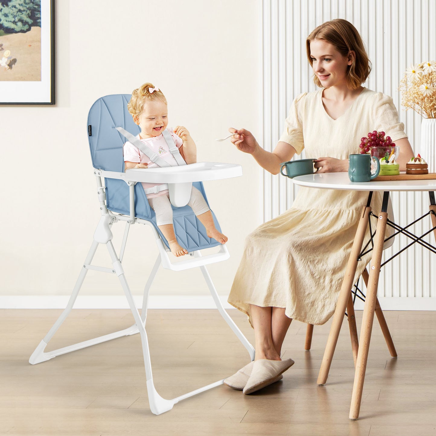 Foldable Baby High Chair with Removable Adjustable Tray-Beige