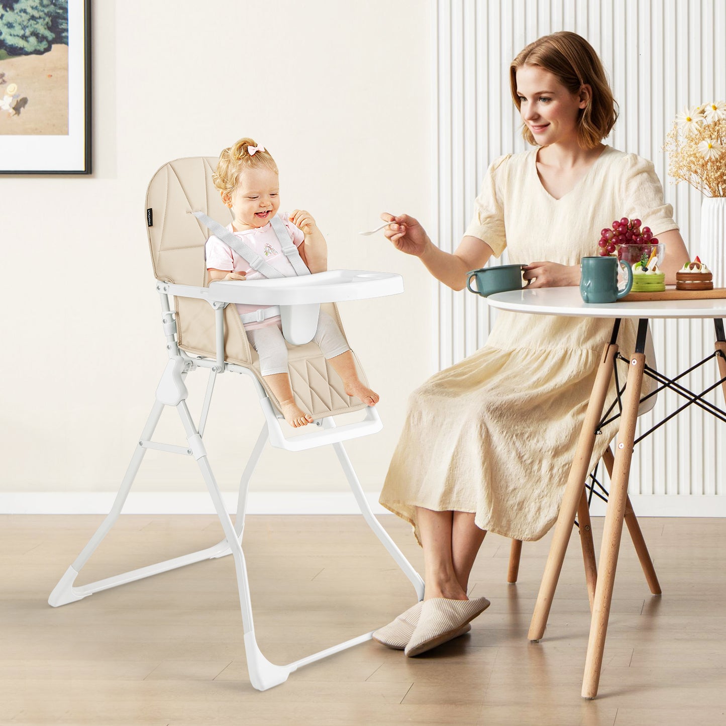 Foldable Baby High Chair with Removable Adjustable Tray-Beige