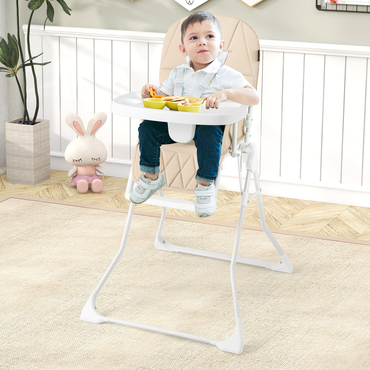 Foldable Baby High Chair with Removable Adjustable Tray-Beige