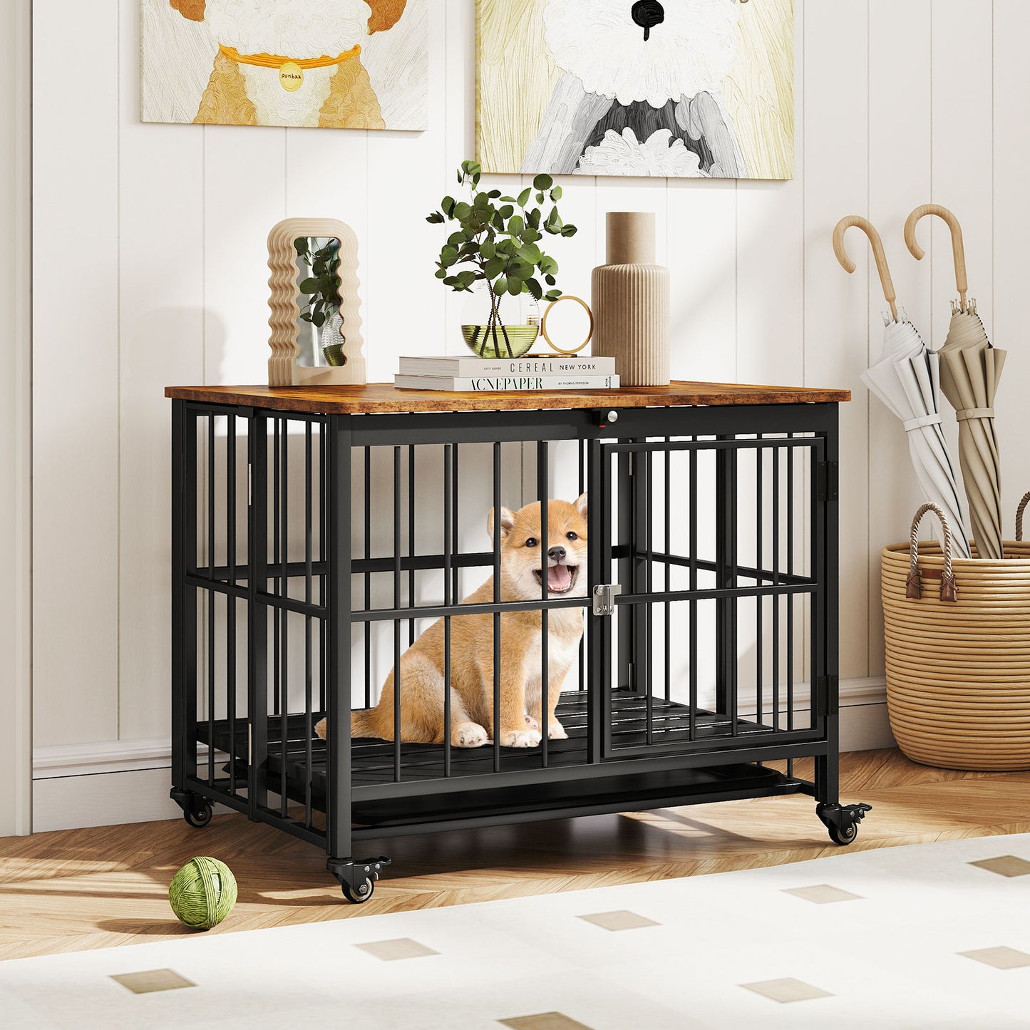 Foldable Dog Crate Furniture with Removable Tray Heavy-duty Chew-resistant Dog Kennel-L
