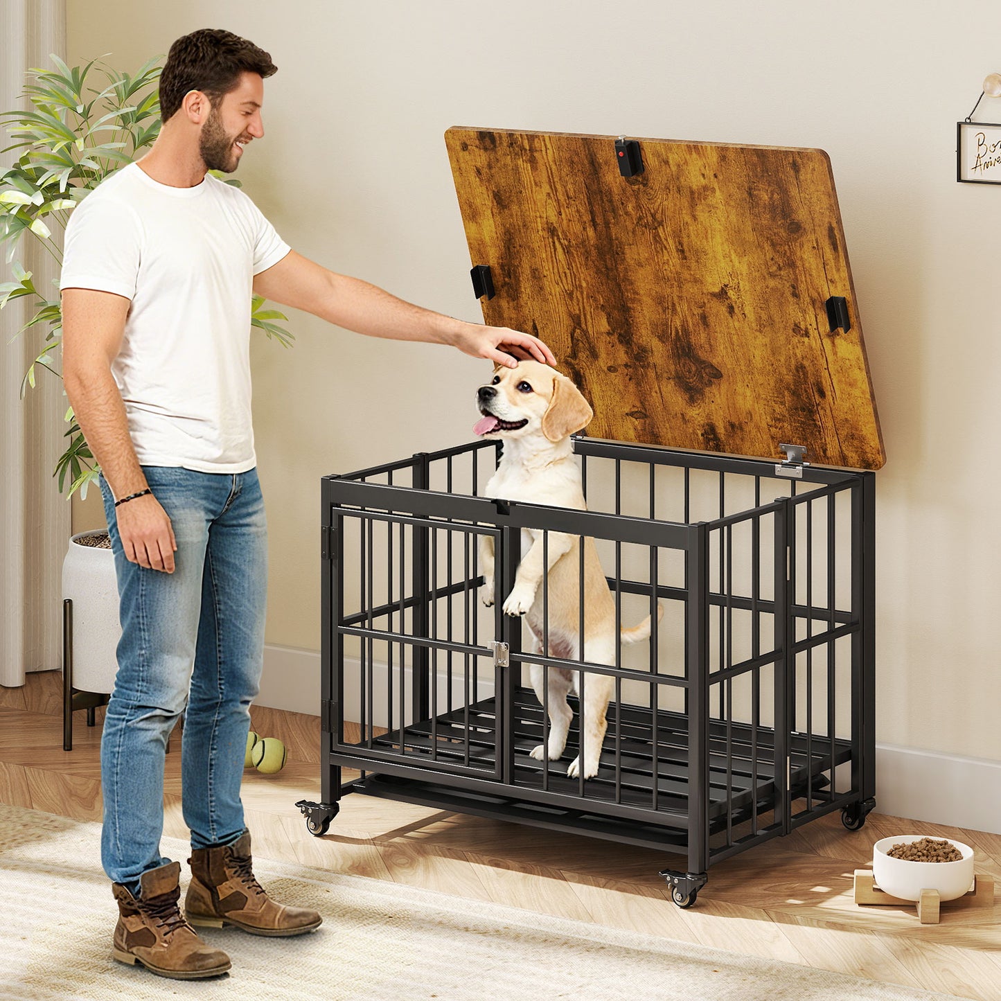 Foldable Dog Crate Furniture with Removable Tray Heavy-duty Chew-resistant Dog Kennel-L