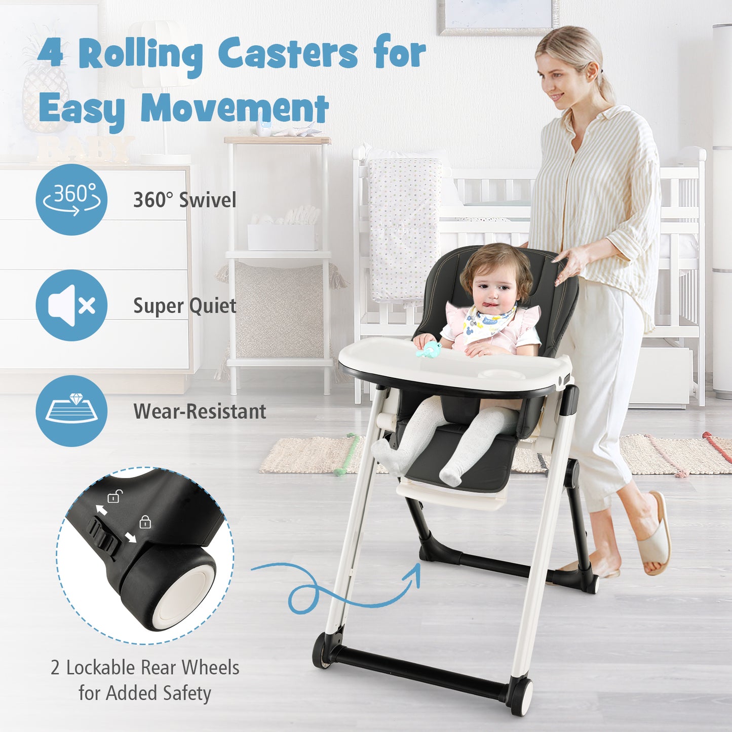 Foldable High Chair with Recline Backrest and Adjustable Height-Light Grey