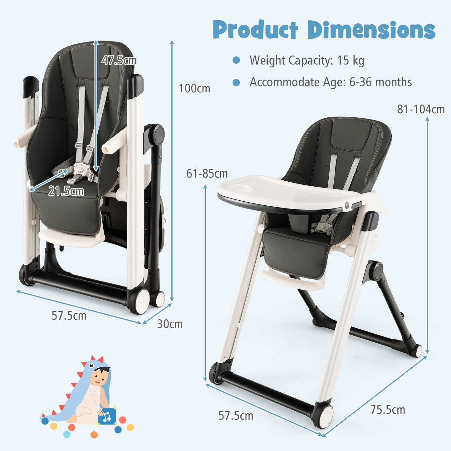 Foldable High Chair with Recline Backrest and Adjustable Height-Light Grey