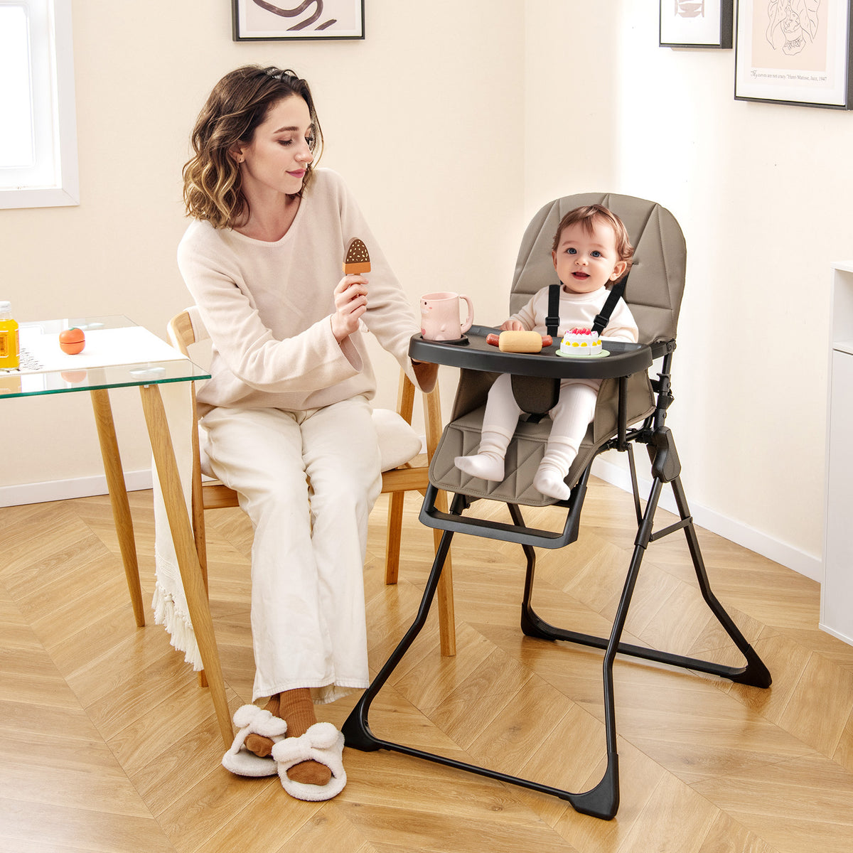 Foldable Baby High Chair with Removable Adjustable Tray-Beige