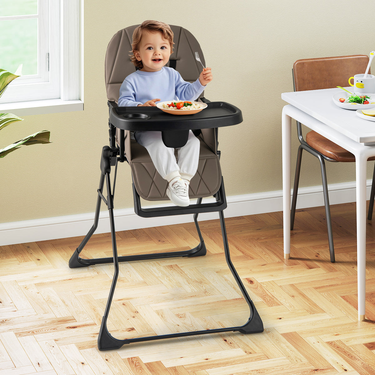 Foldable Baby High Chair with Removable Adjustable Tray-Beige
