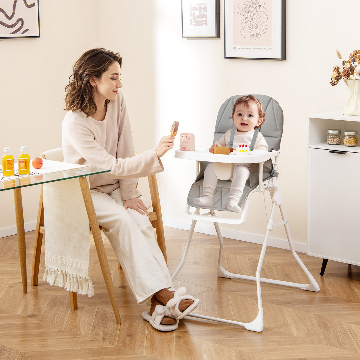 Foldable Baby High Chair with Removable Adjustable Tray-Beige