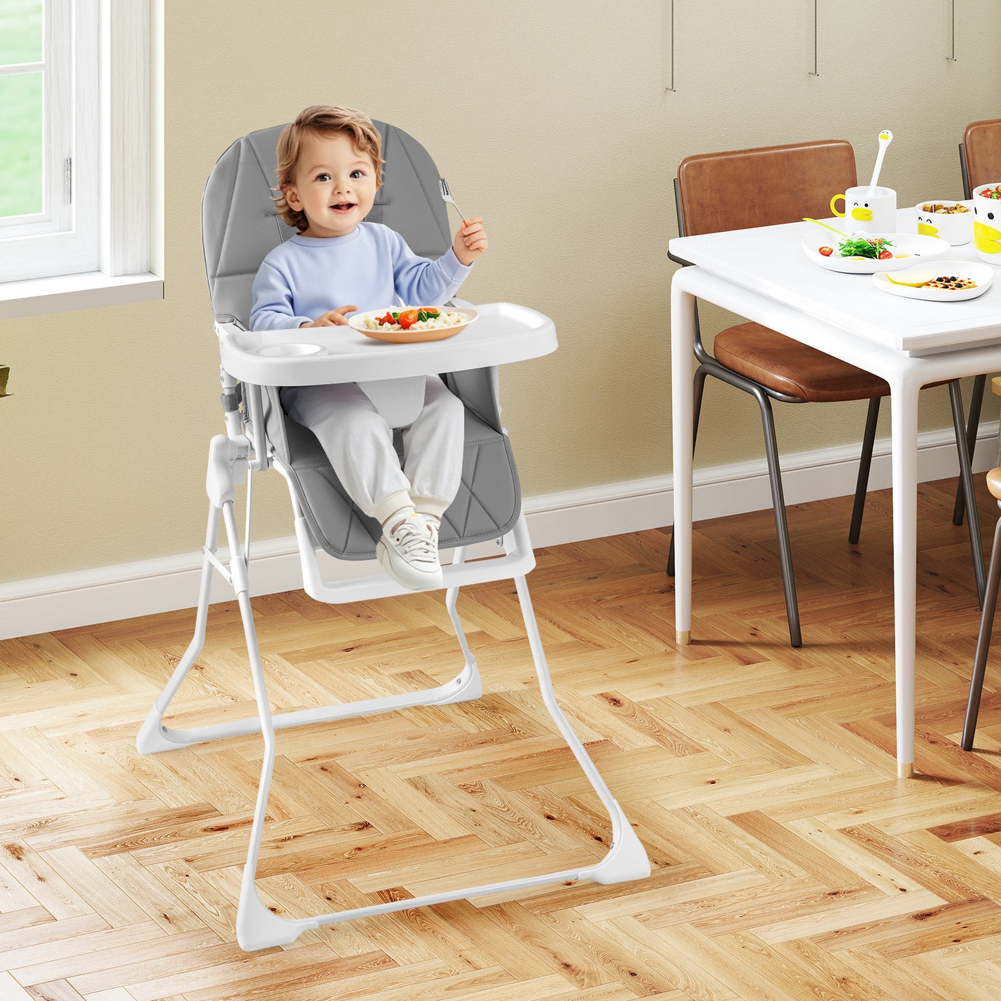Foldable Baby High Chair with Removable Adjustable Tray-Beige
