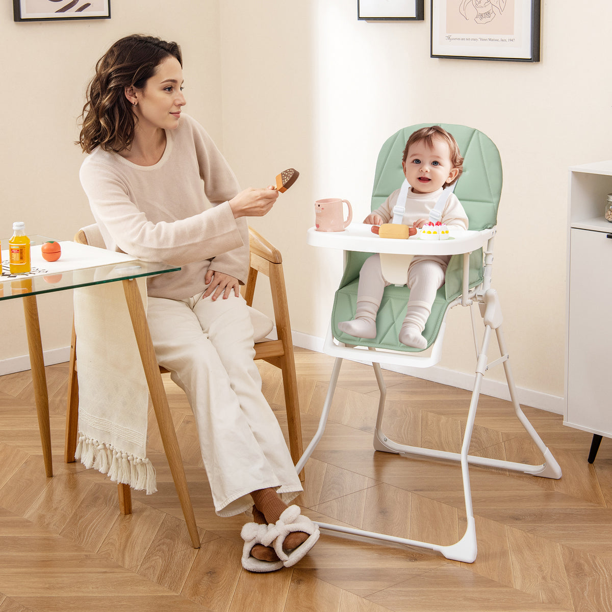 Foldable Baby High Chair with Removable Adjustable Tray-Beige