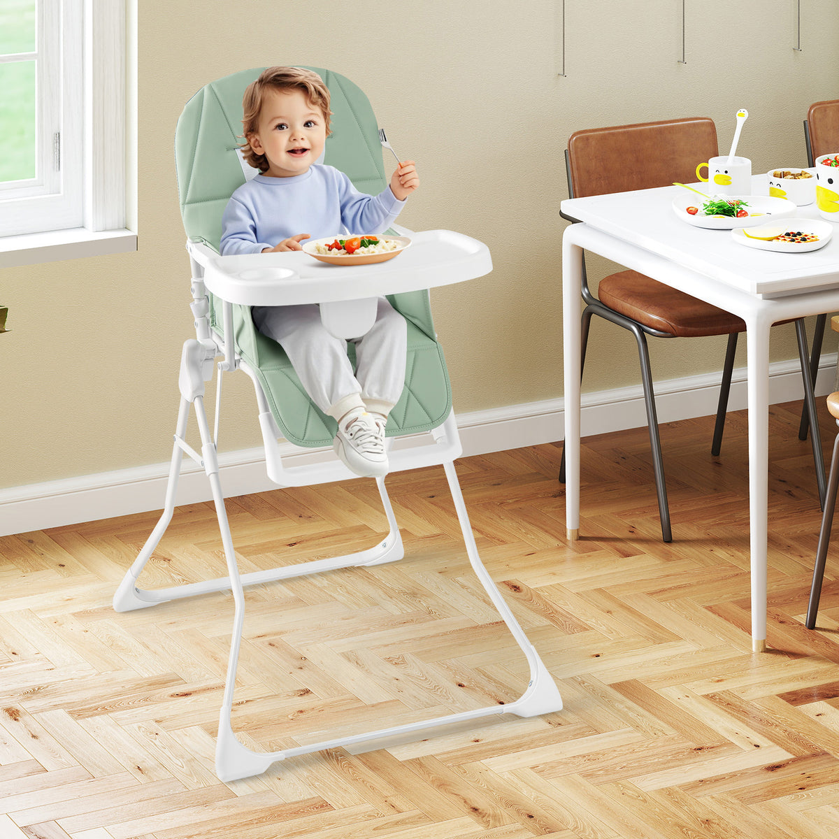 Foldable Baby High Chair with Removable Adjustable Tray-Beige
