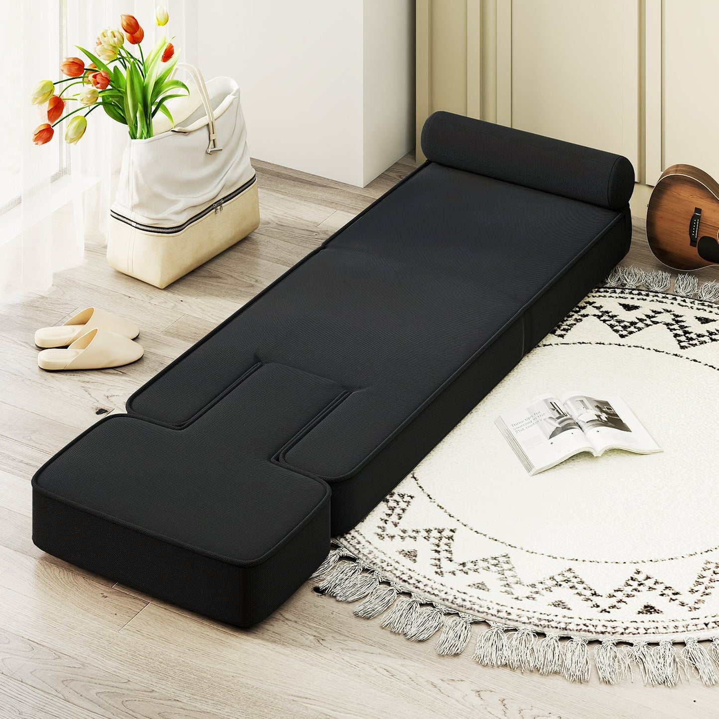 Foldable Lazy Sofa 5-Level Adjustable with Footrest and Tabletop-Black