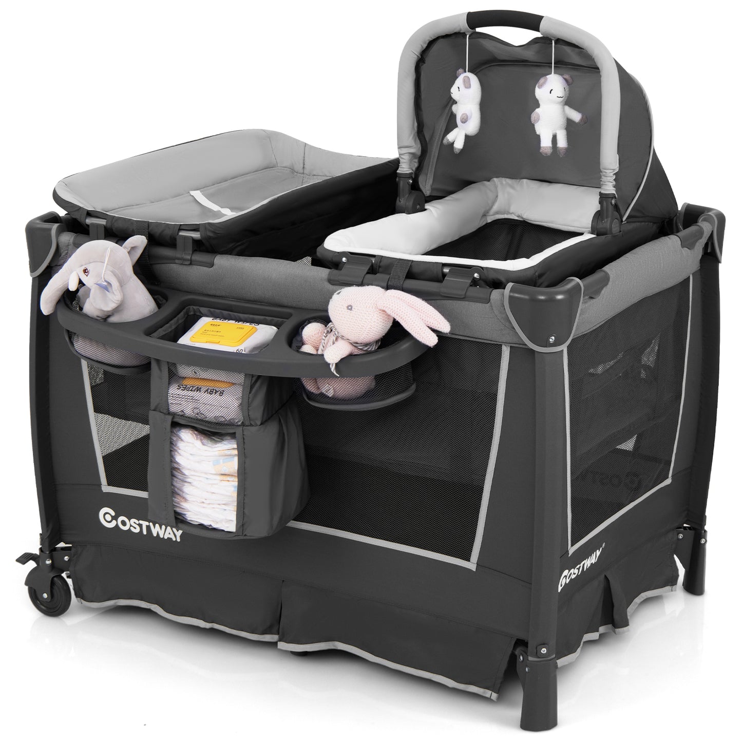 5-in-1 Foldable Pack and Play with Removable Bassinet-Green