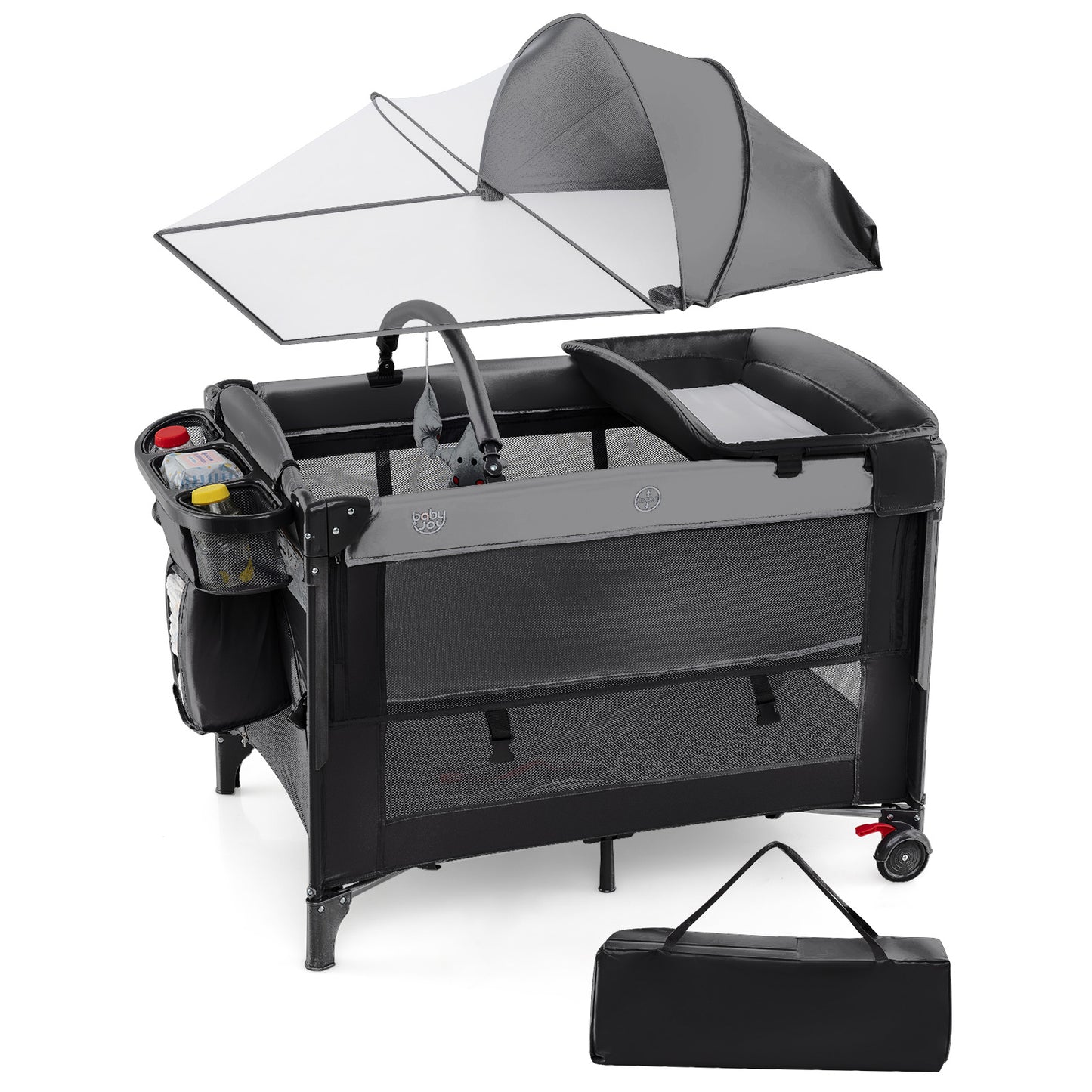 Foldable Pack and Play with 5 Adjustable Heights and Changing Table-Grey