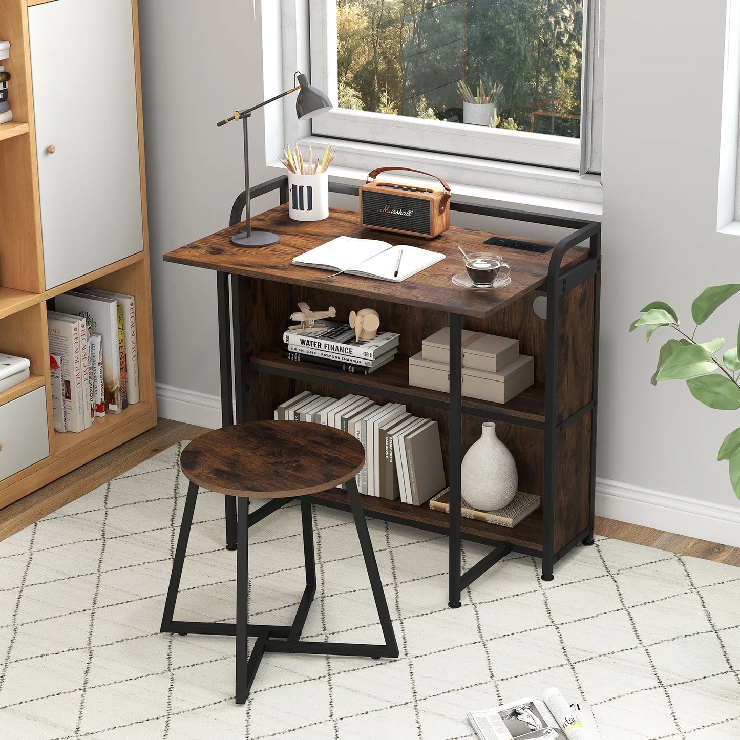 Folding Computer Desk with Stool and Storage Shelves with AC Outlets-Natural