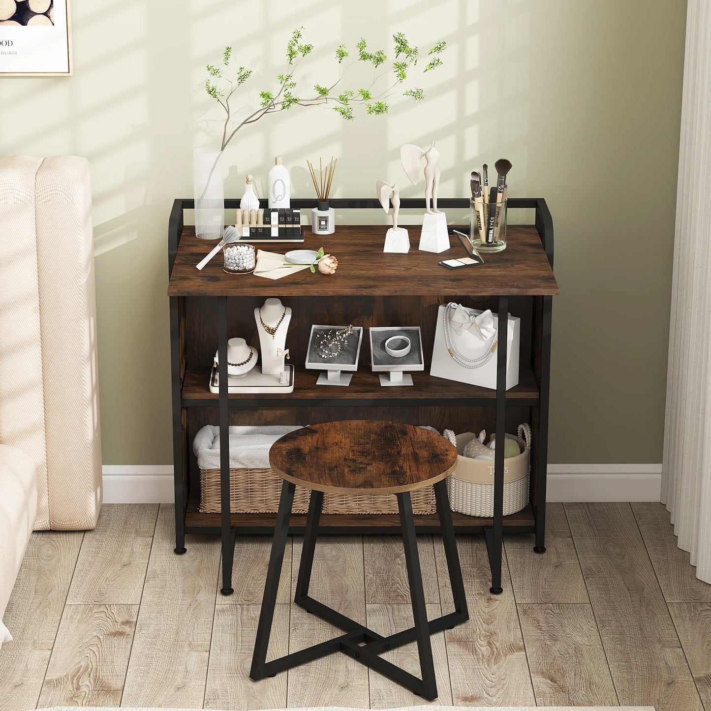 Folding Computer Desk with Stool and Storage Shelves with AC Outlets-Natural