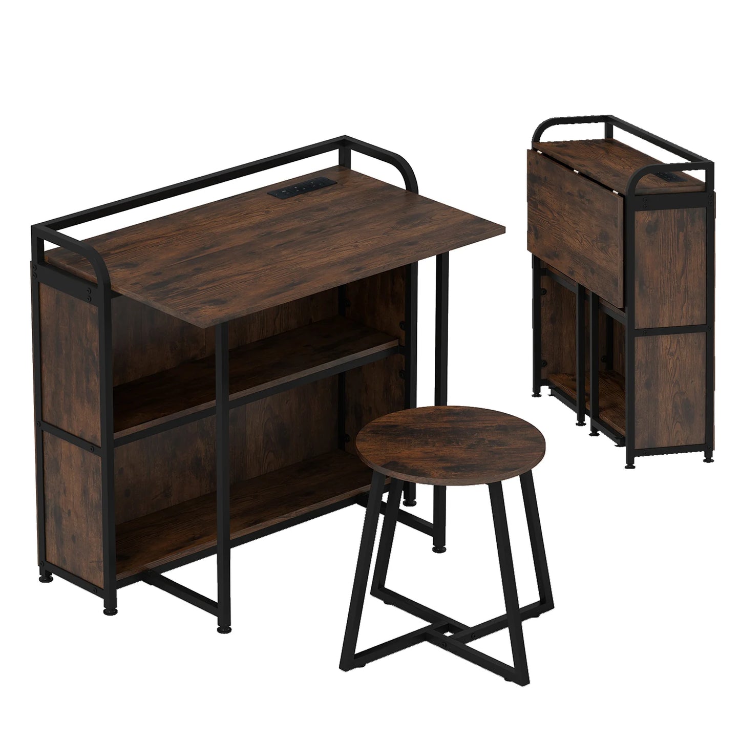 Folding Computer Desk with Stool and Storage Shelves with AC Outlets-Natural