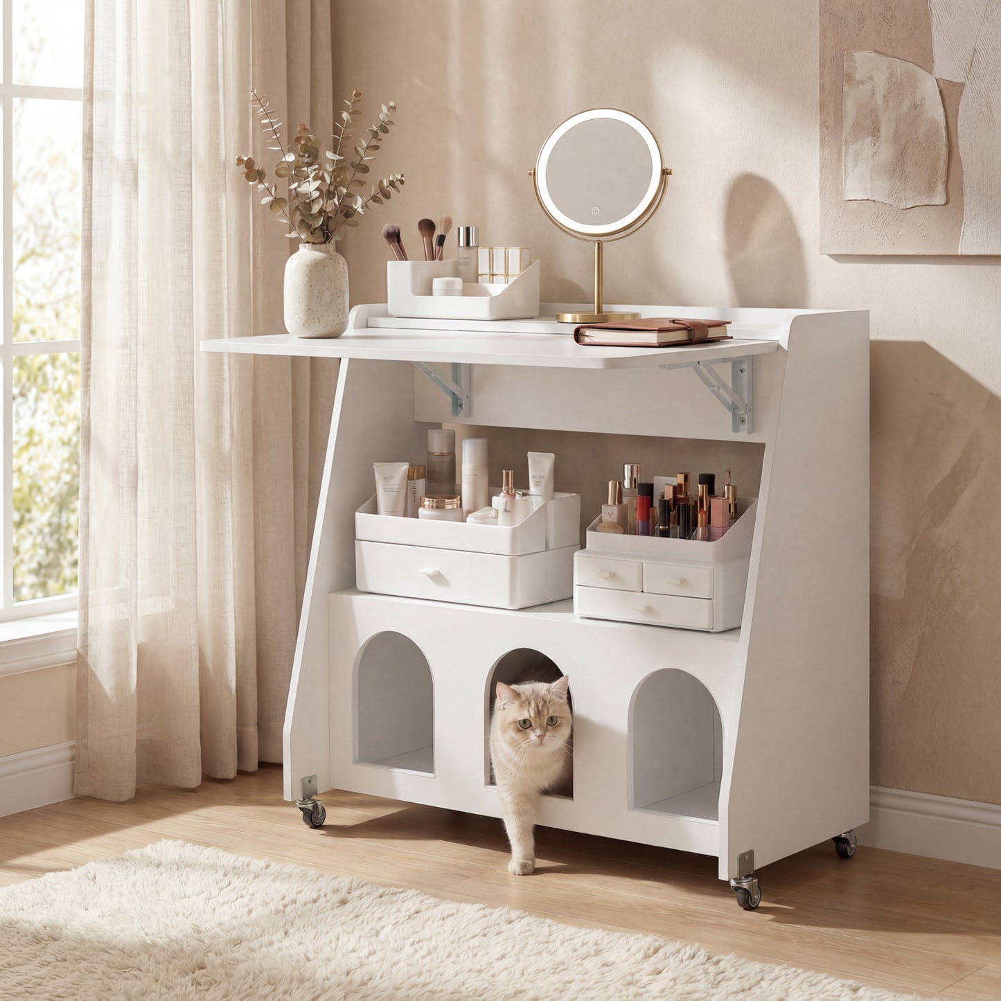 Folding Desk on Wheels with Storage Shelves and Compartments for Small Spaces-Rustic Brown