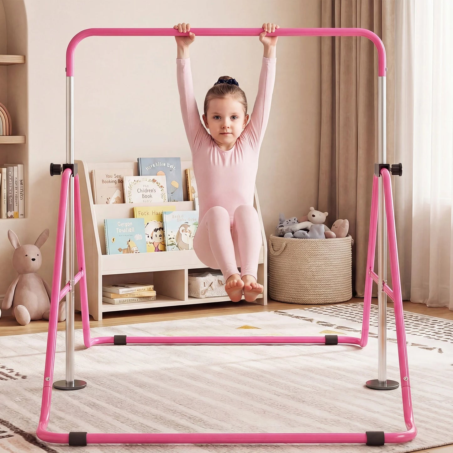 Folding Gymnastics Bar for Kids Height Adjustable Horizontal Kip Training Bar-Blue