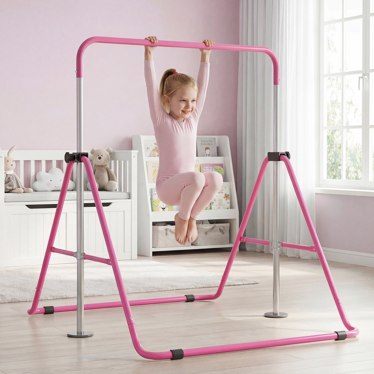 Folding Gymnastics Bar for Kids Height Adjustable Horizontal Kip Training Bar-Blue