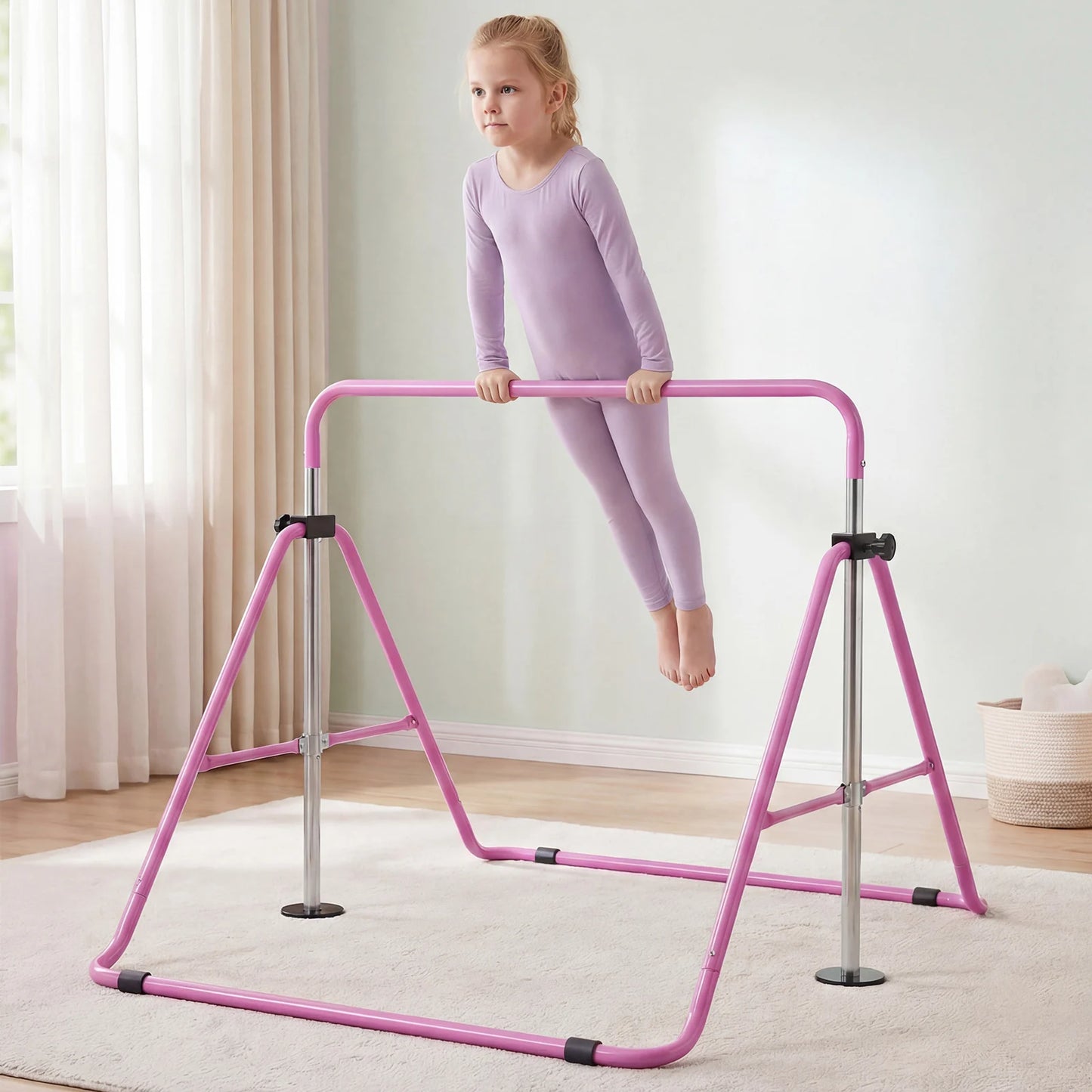 Folding Gymnastics Bar for Kids Height Adjustable Horizontal Kip Training Bar-Blue