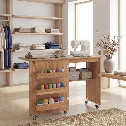 Folding Sewing Table with Storage Shelf and 3 Hidden Bins for Home-Natural