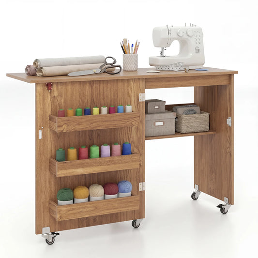Folding Sewing Table with Storage Shelf and 3 Hidden Bins for Home-Natural