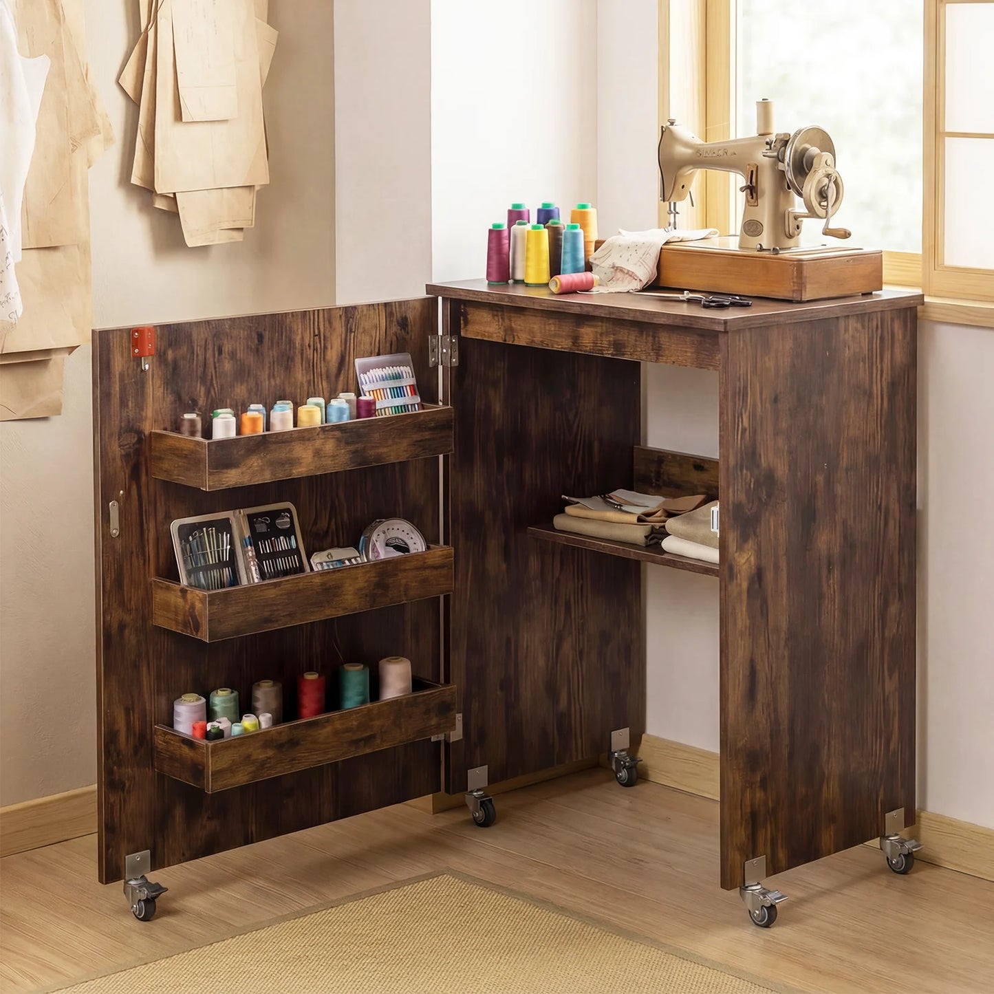 Folding Sewing Table with Storage Shelf and 3 Hidden Bins for Home-Natural