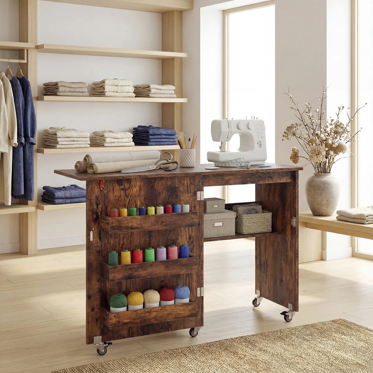 Folding Sewing Table with Storage Shelf and 3 Hidden Bins for Home-Natural