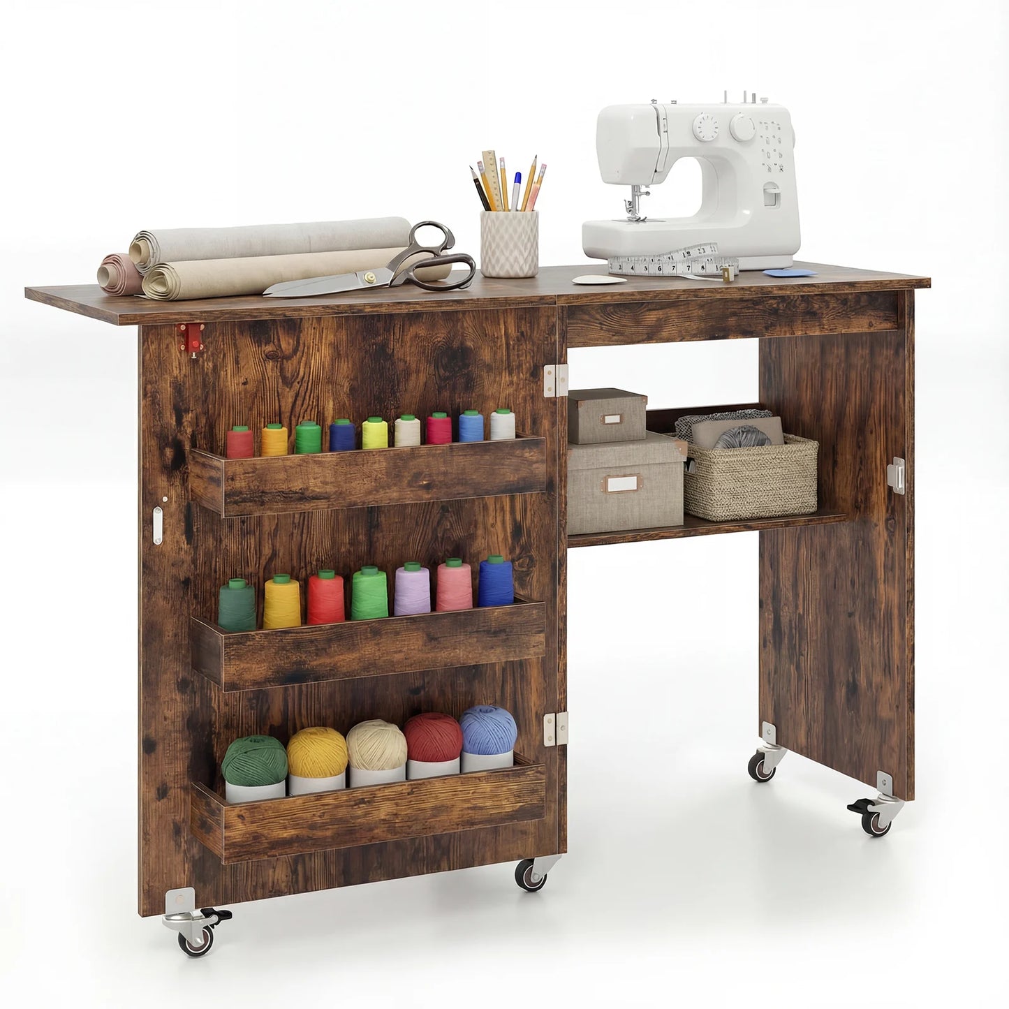 Folding Sewing Table with Storage Shelf and 3 Hidden Bins for Home-Natural