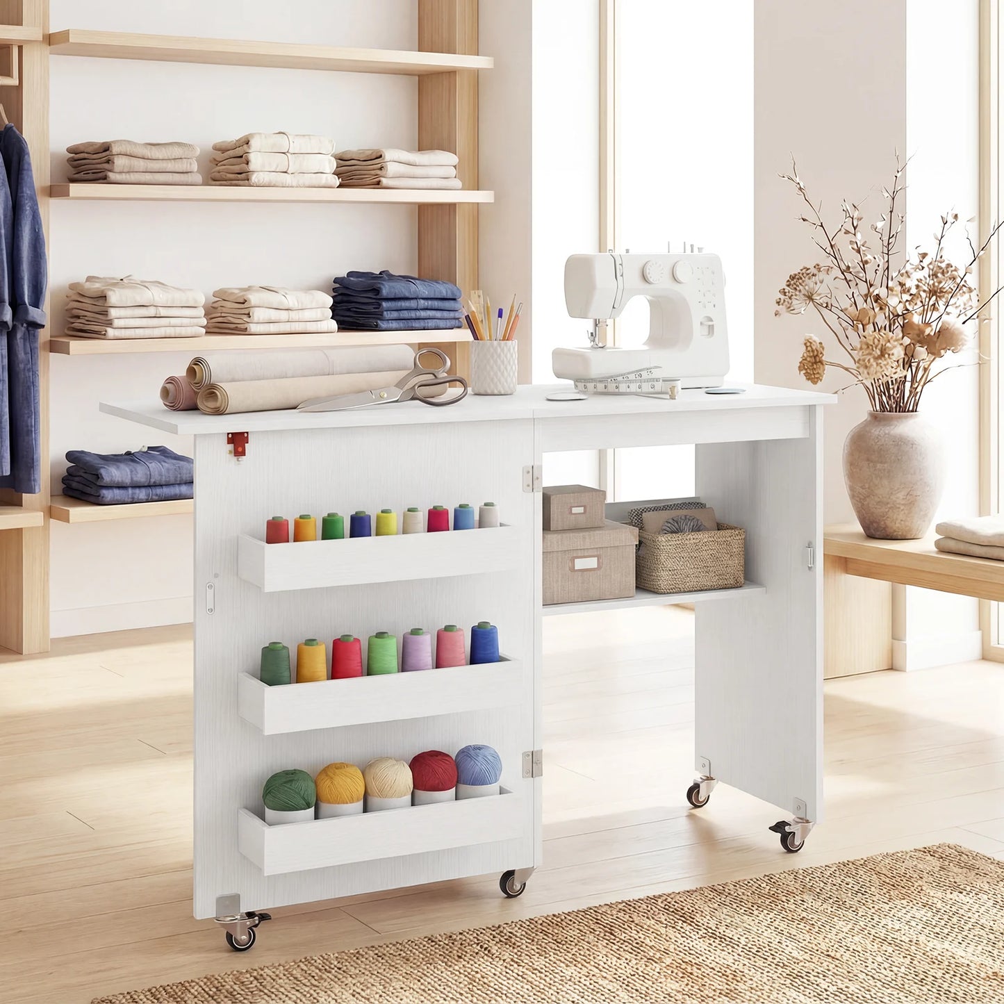 Folding Sewing Table with Storage Shelf and 3 Hidden Bins for Home-Natural