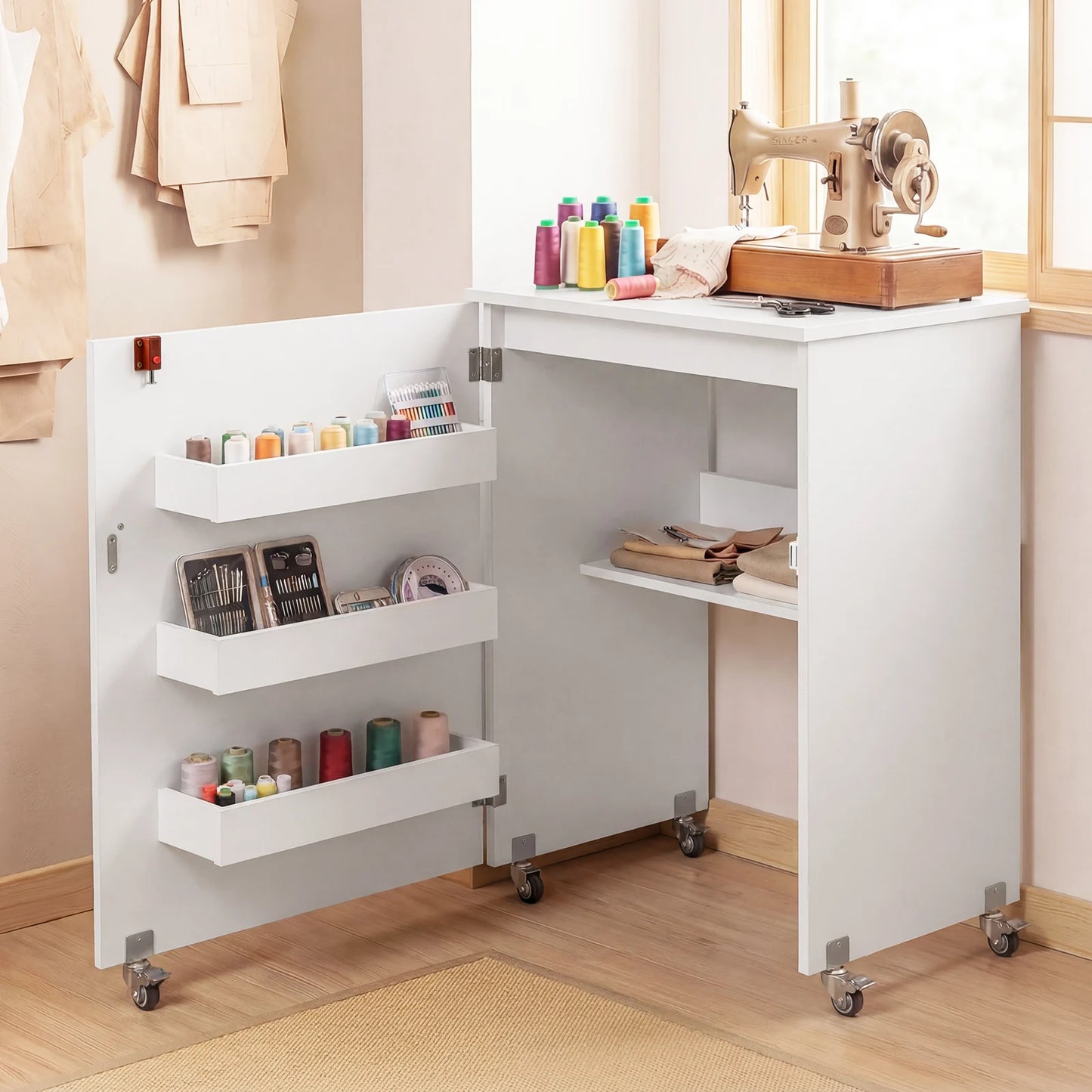 Folding Sewing Table with Storage Shelf and 3 Hidden Bins for Home-Natural