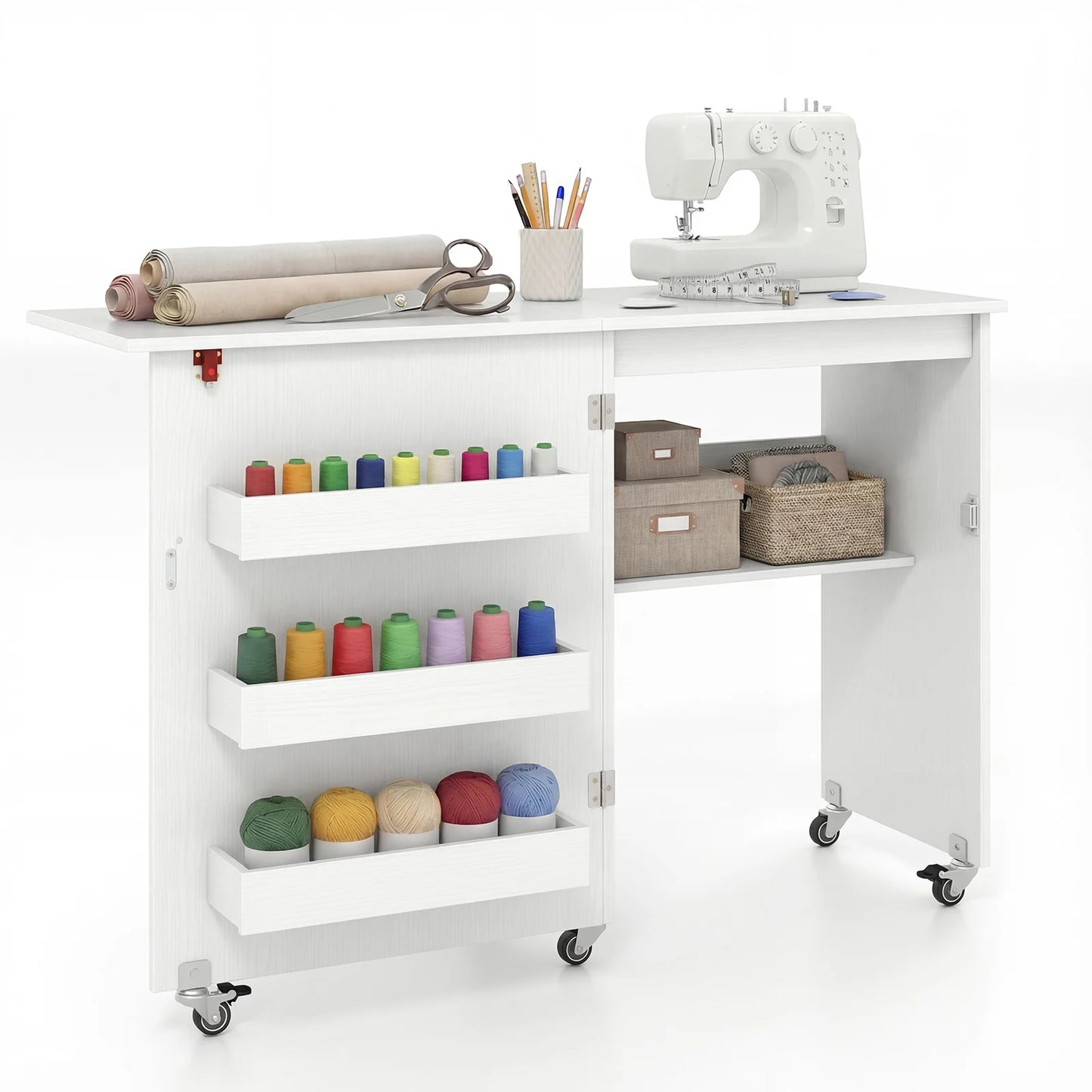 Folding Sewing Table with Storage Shelf and 3 Hidden Bins for Home-Natural