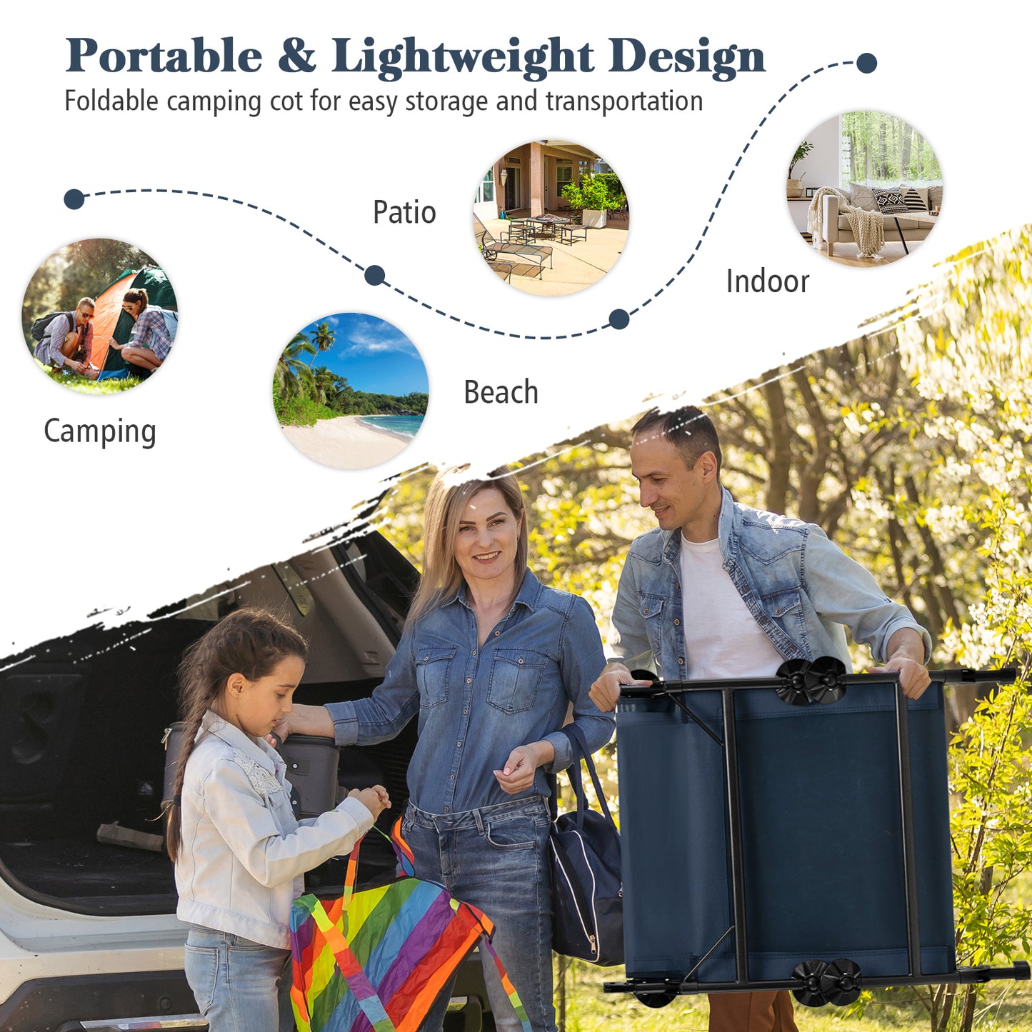 Folding Camping Cot with Detachable Mattress and 6-Position Adjustable Backrest-Navy