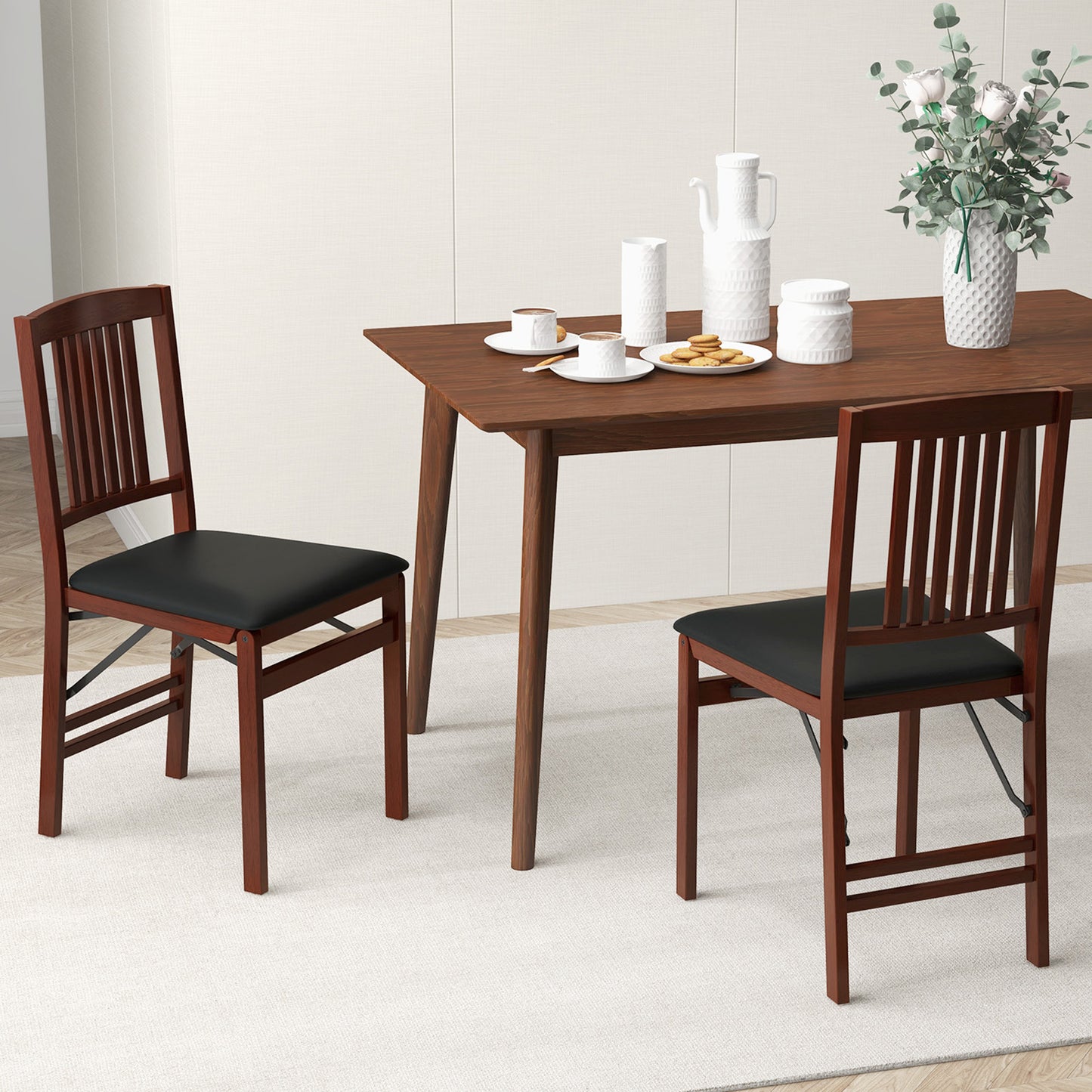 Folding Dining Chairs Set of 2 Upholstered Kitchen Chairs with Padded Seat-Beige