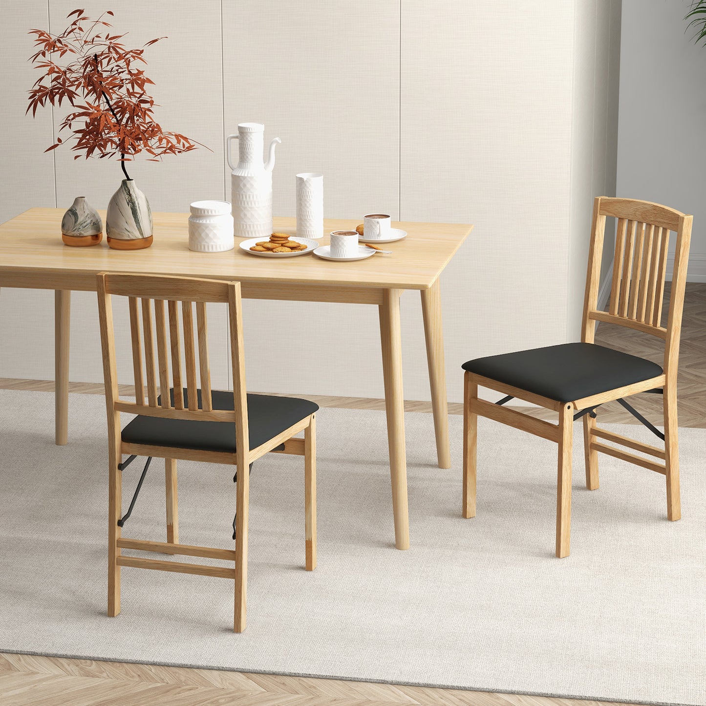 Folding Dining Chairs Set of 2 Upholstered Kitchen Chairs with Padded Seat-Beige
