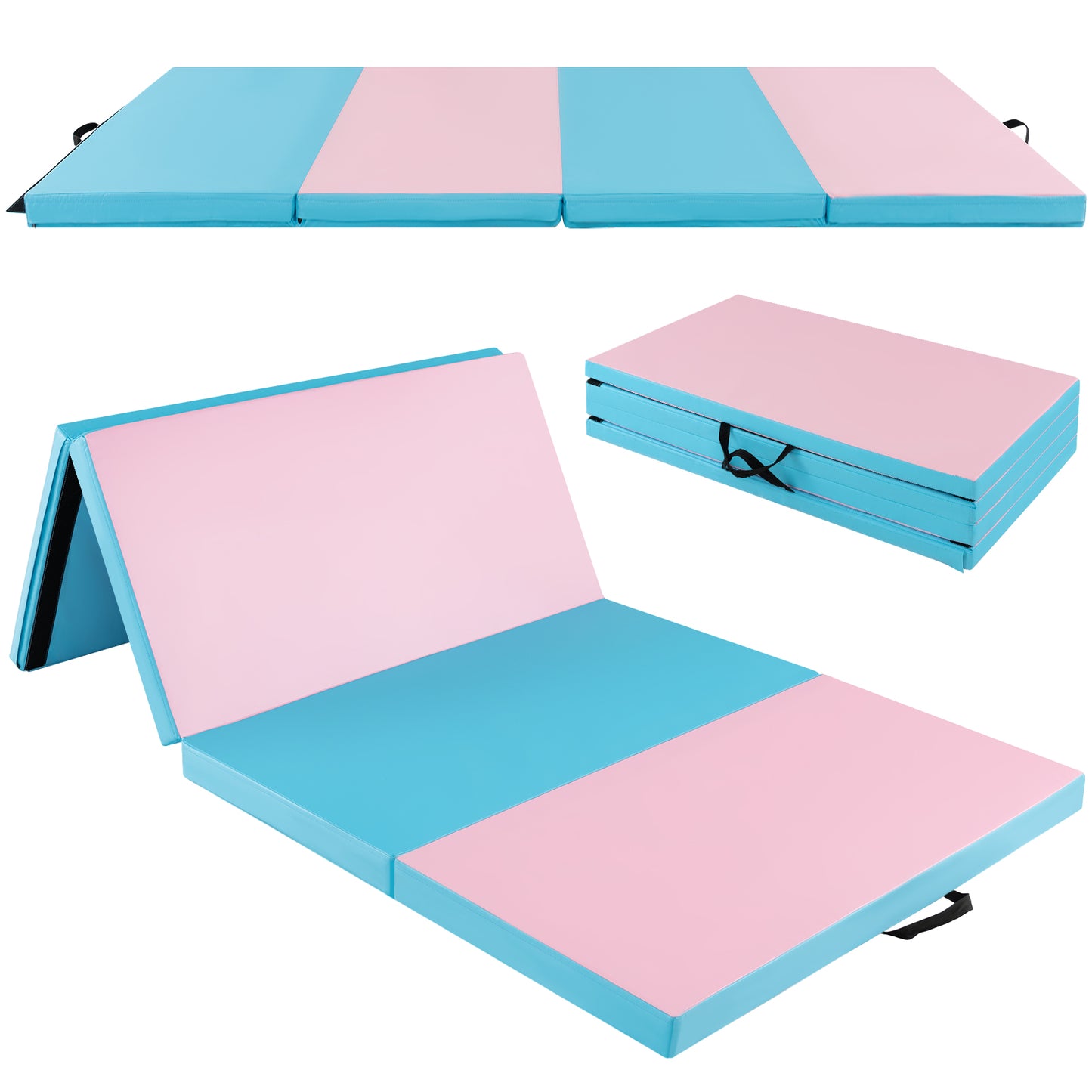 Folding Gymnastics Mat with Carry Handles Hook and Loop Fasteners-Blue