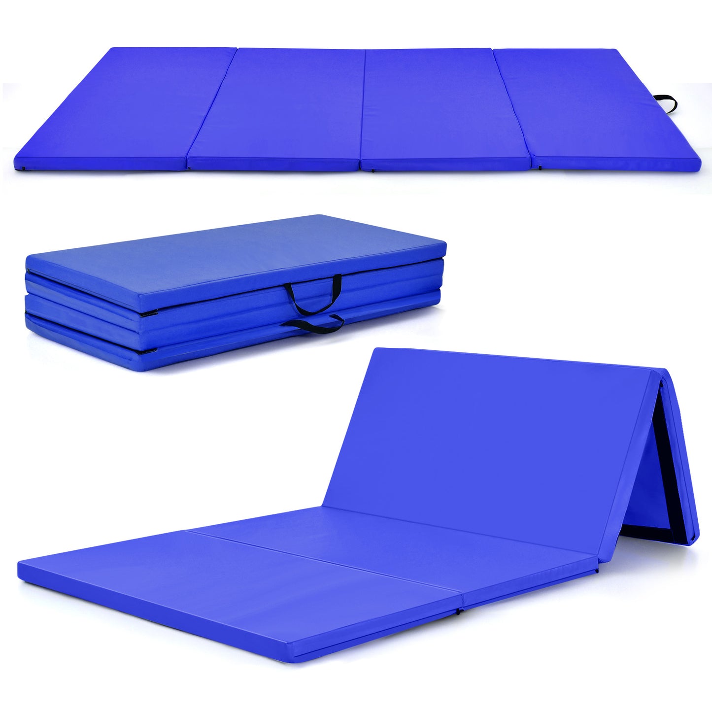 Folding Gymnastics Mat with Carry Handles Hook and Loop Fasteners-Blue